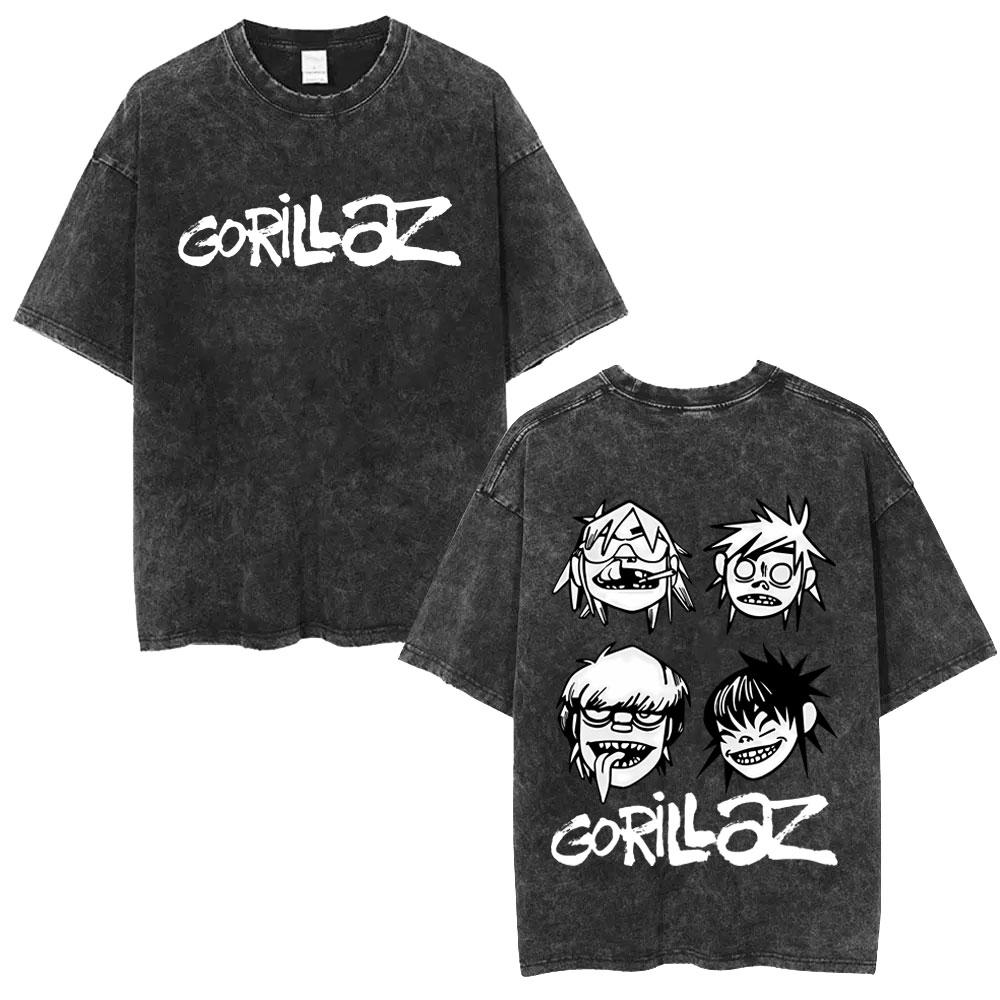 Washed Vintage Rock Band Gorillaz Face Graphic Tshirt Men Women Fashion Hip Hop Oversized T Shirt Mens Retro Gothic Streetwear