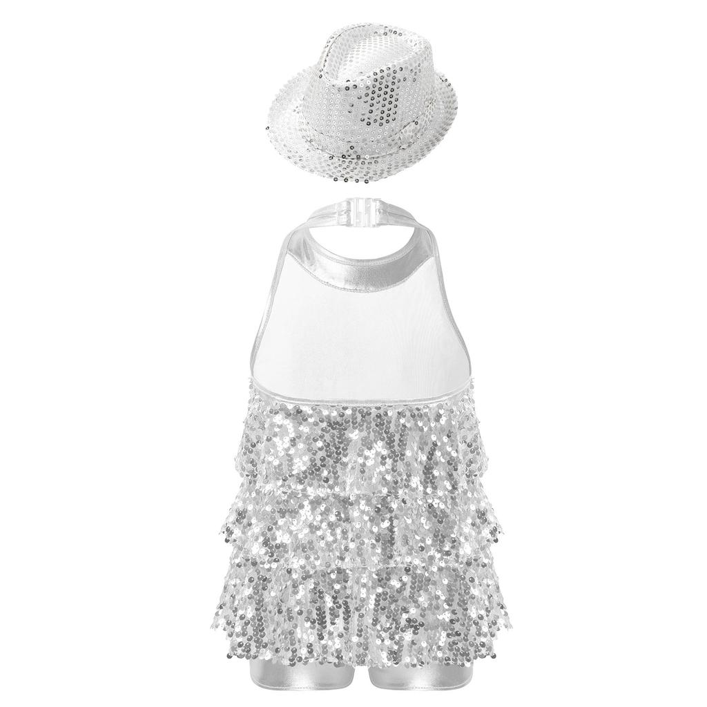 Girls Modern Jazz Latin Leotard Halter Backless Shiny Sequins Ruffles Dance Costume Hat