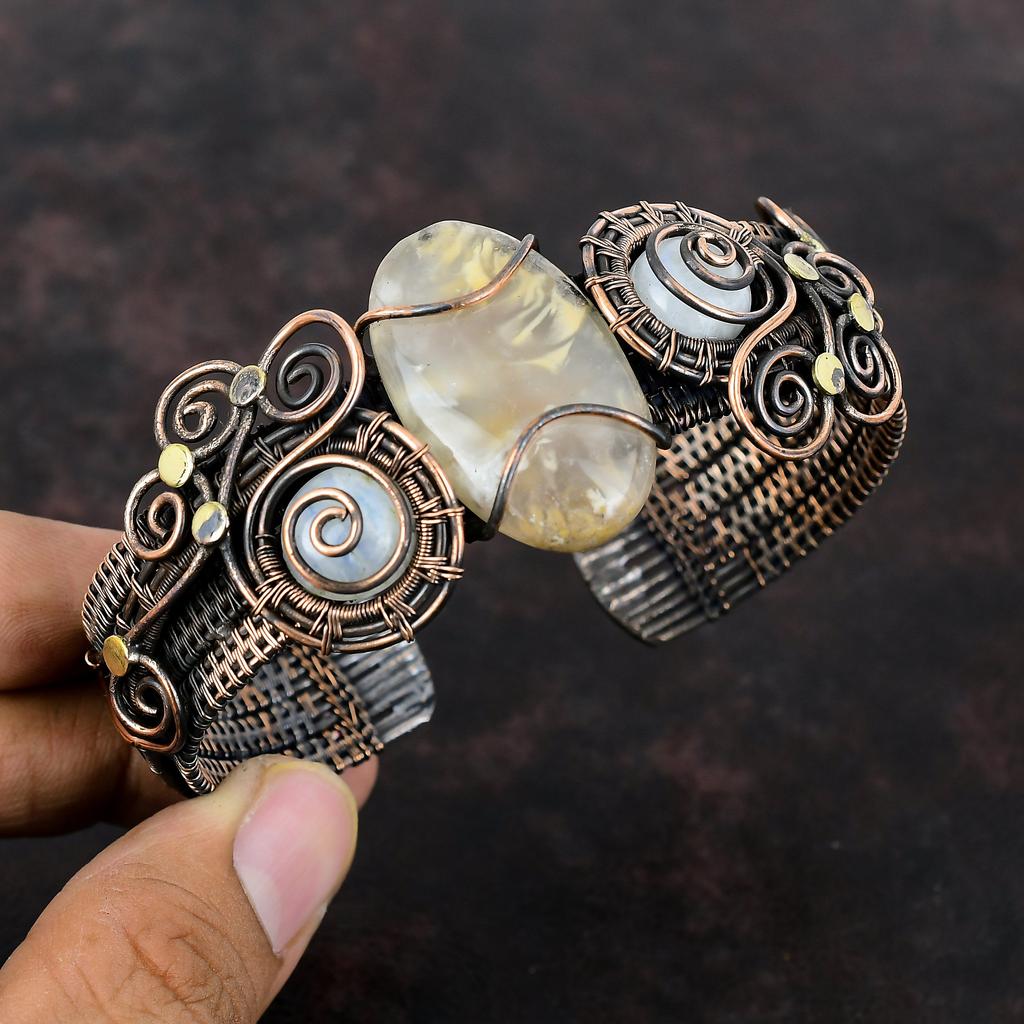 Plume Agate Gemstone Bangle Copper Wire Wrapped Cuff Bracelet Handmade Rainbow Moonstone Bangle Adjustable Cuff Bracelet Copper Wire Jewelry