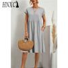 HNXC Женская мода лето весна однотонный принт О-образный вырез высокая талия повседневные платья