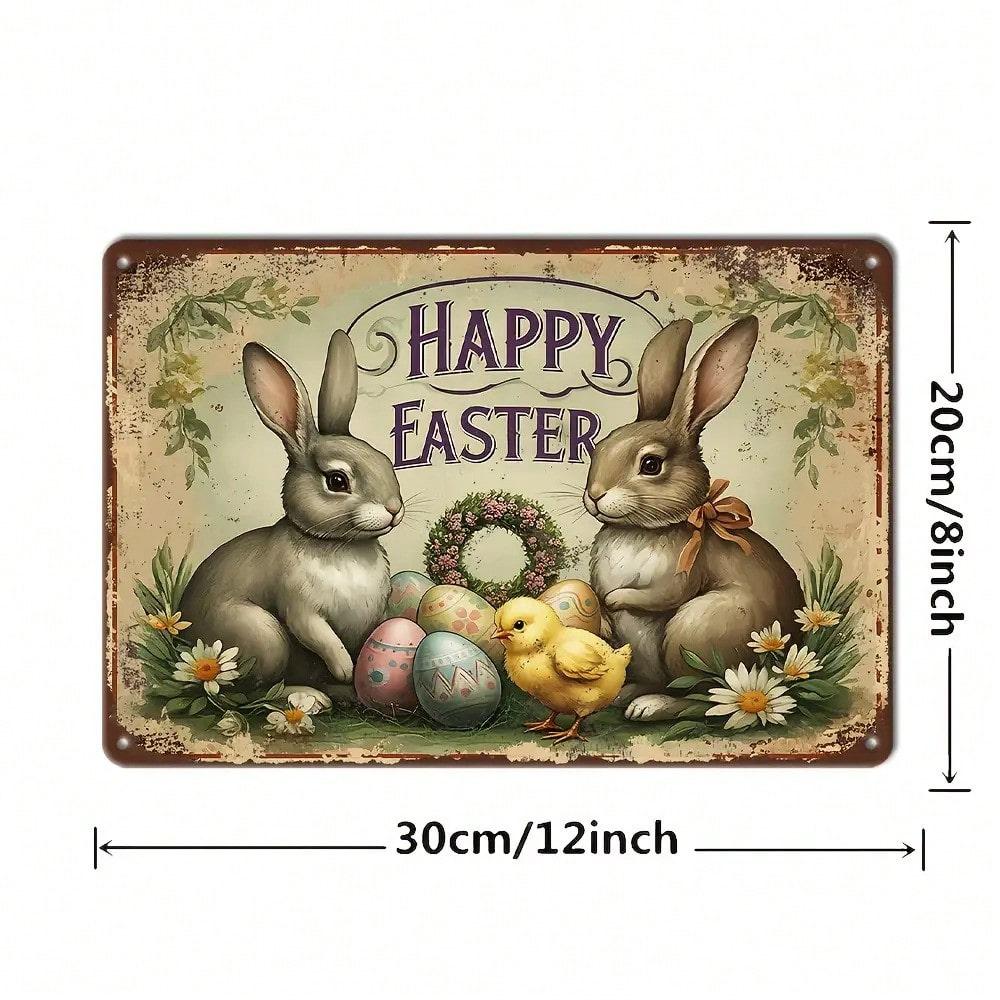 Vintage Easter Metal Wall Sign x Inch Country Style Happy Easter Design Two Rabbits Chick Durable Iron Home