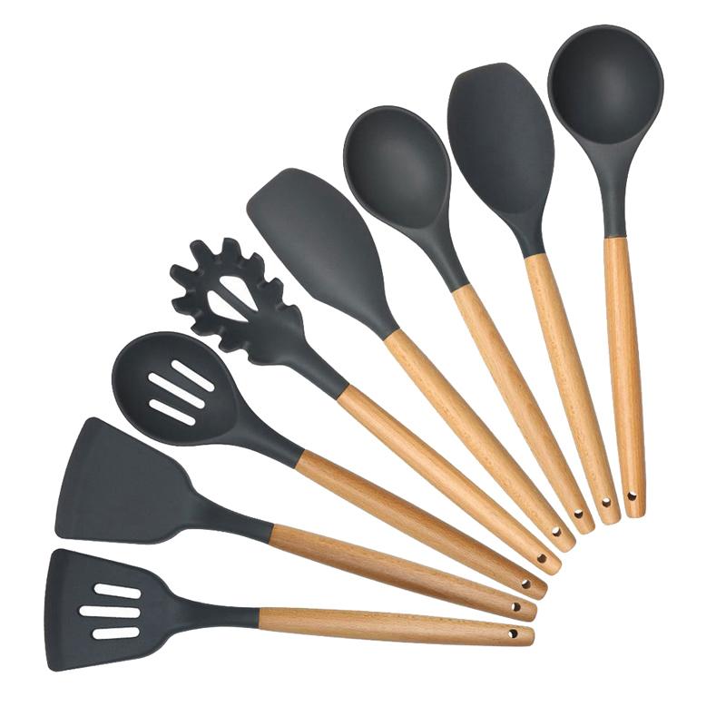 Silicone Cooking Utensils Set 8 Piece Cooking Tools Set Wood Handle Silicone Spatula Scraper Turner Soup Spoon Ladle Cookware