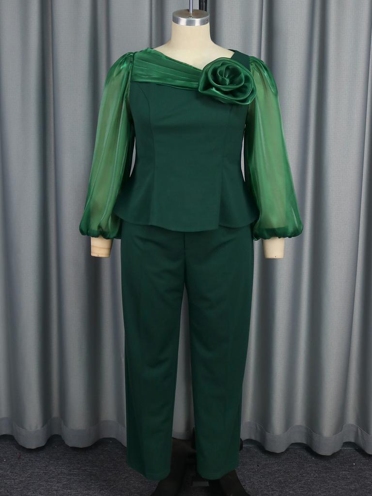 Зеленый брючный костюм большого размера с блестящими сетчатыми рукавами и 3D цветочным декором, идеально подходящий для церкви, официальных мероприятий и особых событий.