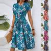 Women's Spring And Summer Casual Round Neck Short Sleeve Waist Floral Print Midi Dress