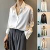 Women Shirt Lapel Long Sleeve Single Breasted Shirt Tops Solid Color Smooth Satin Loose Fit Versatile Shirt