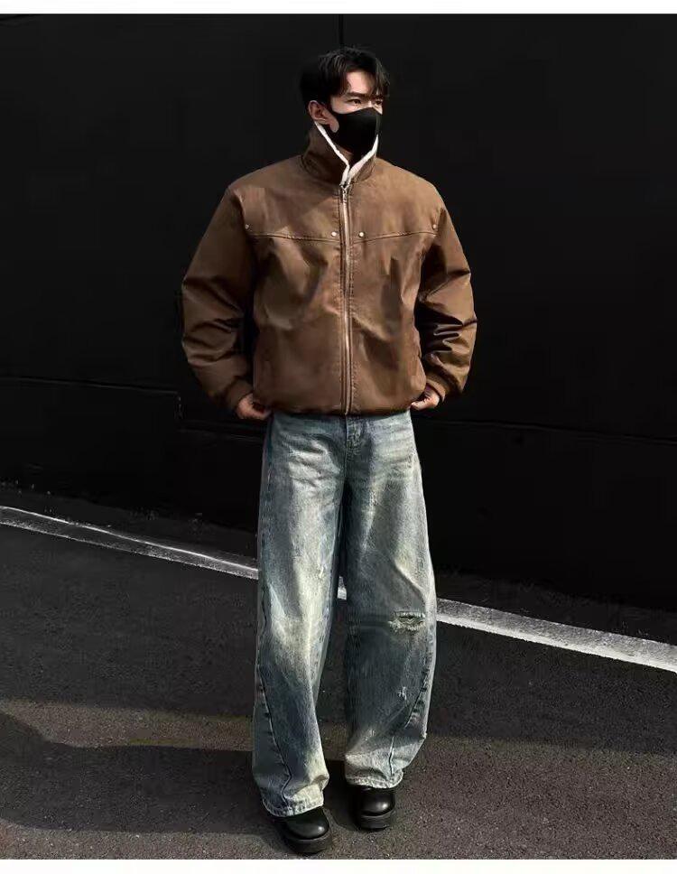 Мужской ретро-цельный пальто из шерсти ягненка тай-дай с бархатной подкладкой, отложным воротником и кожаными акцентами