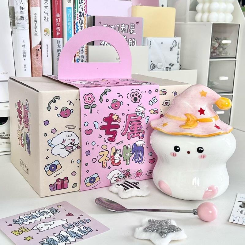 Милая кружка с привидением, с крышкой и ложкой, подарок на день рождения для девушки с высокой ценностью, офисная керамическая чашка для воды, сувенир