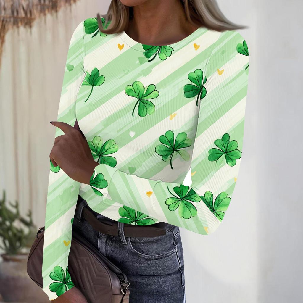Women's Casual Fashion Round Neck St. Patrick's Day Print Long Sleeve Ribbed Top