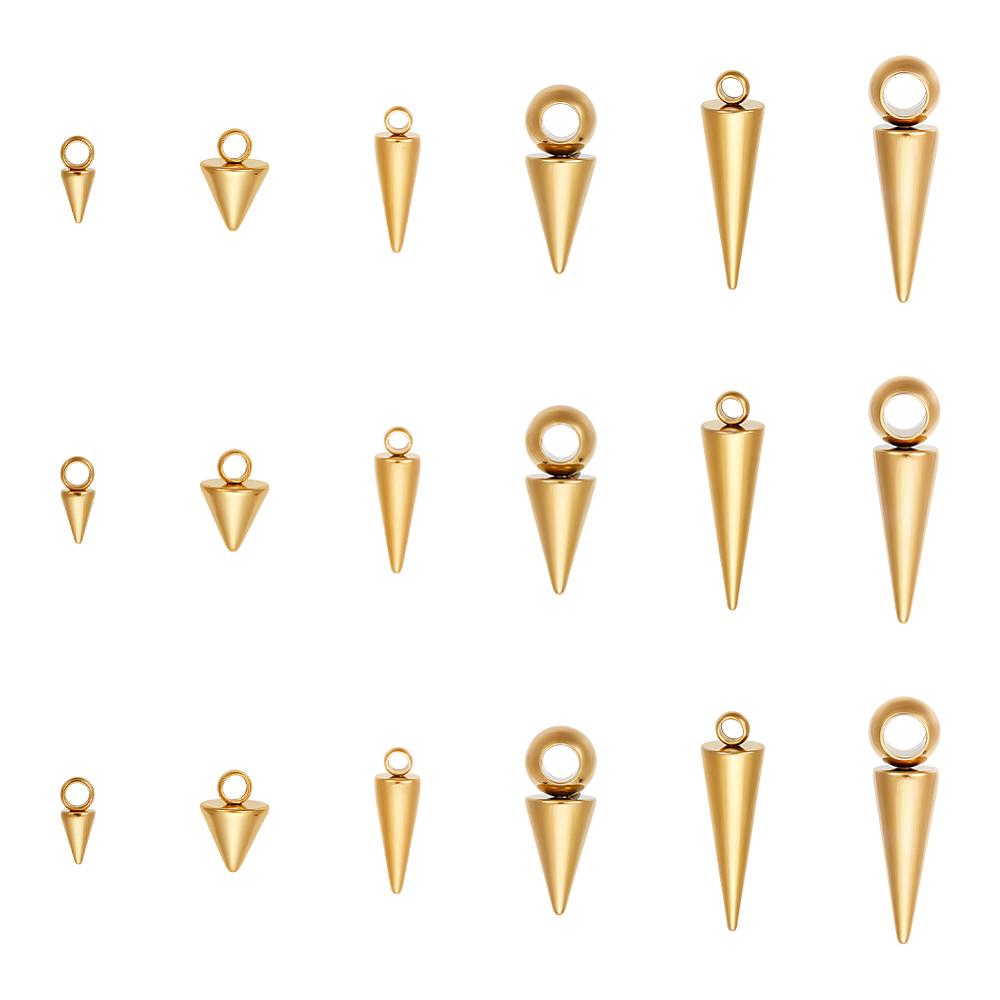 30Pcs 6 Styles 304 with 201 Stainless Steel Pendants Spike/Cone Real 18K Gold Plated 7.5~21x3~6mm Hole: 1.8~3.2mm 5pcs/style