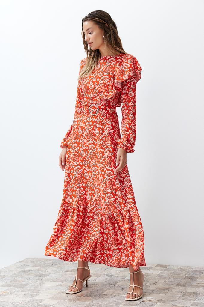 Women's Hijab Dress New Season Fashion Stone Floral Lined Ruffle Detailed Belted Woven Dress