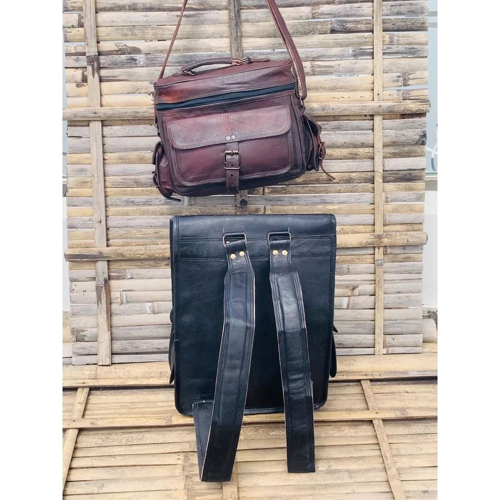Men's Backpack Travel Laptop Goat Leather Vintage Black  Bag  ( Free Camera Brown Bag Size - 11 X 9 X 5 In )