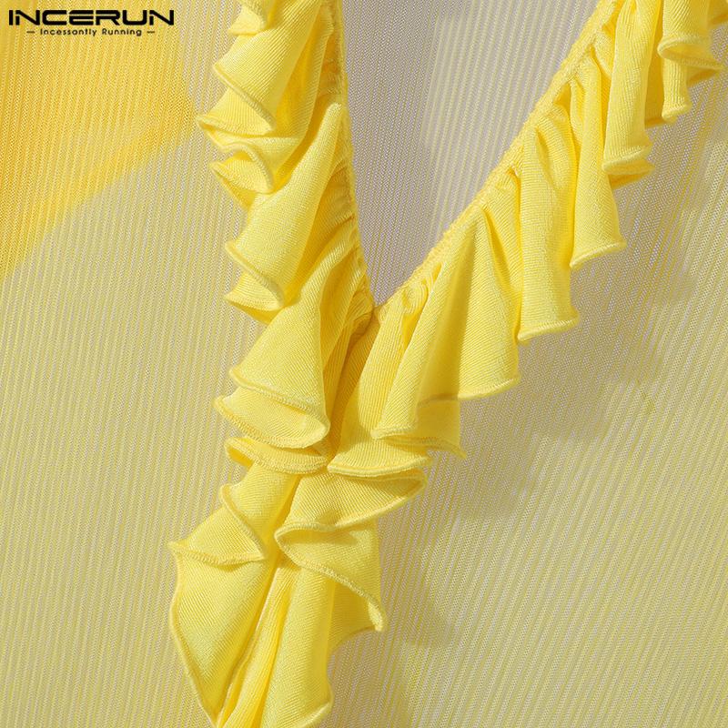 INCERUN Мужские рубашки с глубоким V-образным вырезом и длинным рукавом, оборками и сетчатыми вставками, прозрачные топы