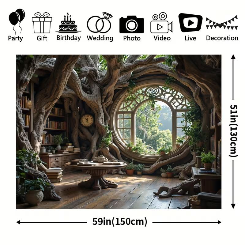 2D Фэнтезийный Лес Учебная Комната с Круглым Окном Фон Баннер для Фотосъемки
