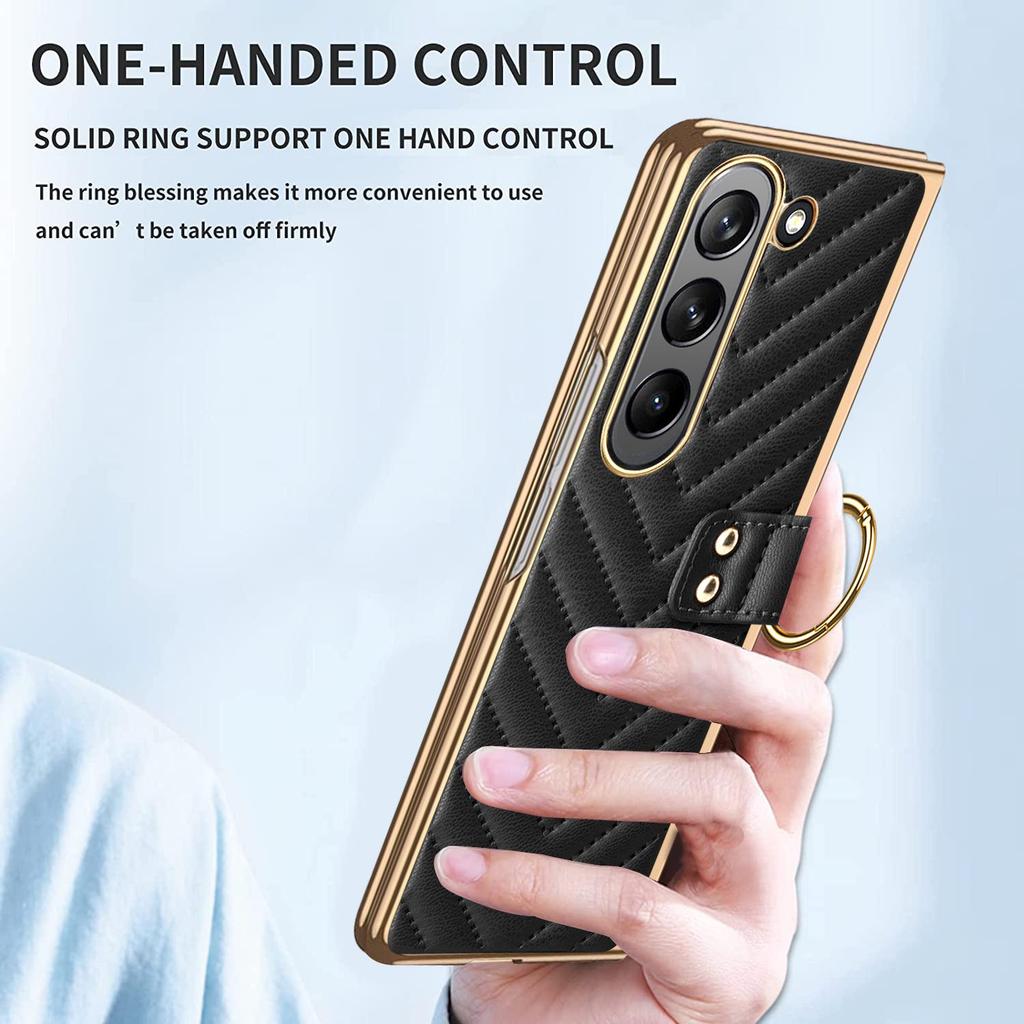 Чехол-книжка из ПУ кожи для Samsung Z Fold7/6/5 с подставкой-кольцом в виде ромбовидной решетки с гальваническим покрытием