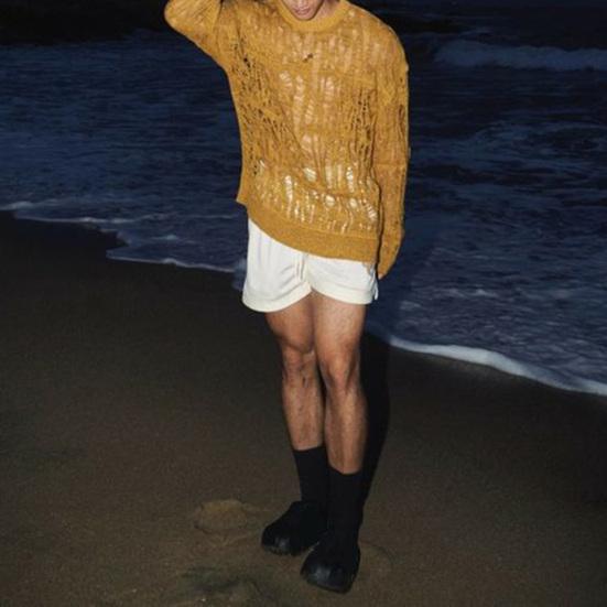 Men Tops Crew Neck Long Sleeve Knitted T-Shirt Men Clothing Retro Hollow-Out Mesh Knit Tops Spring Streetwear