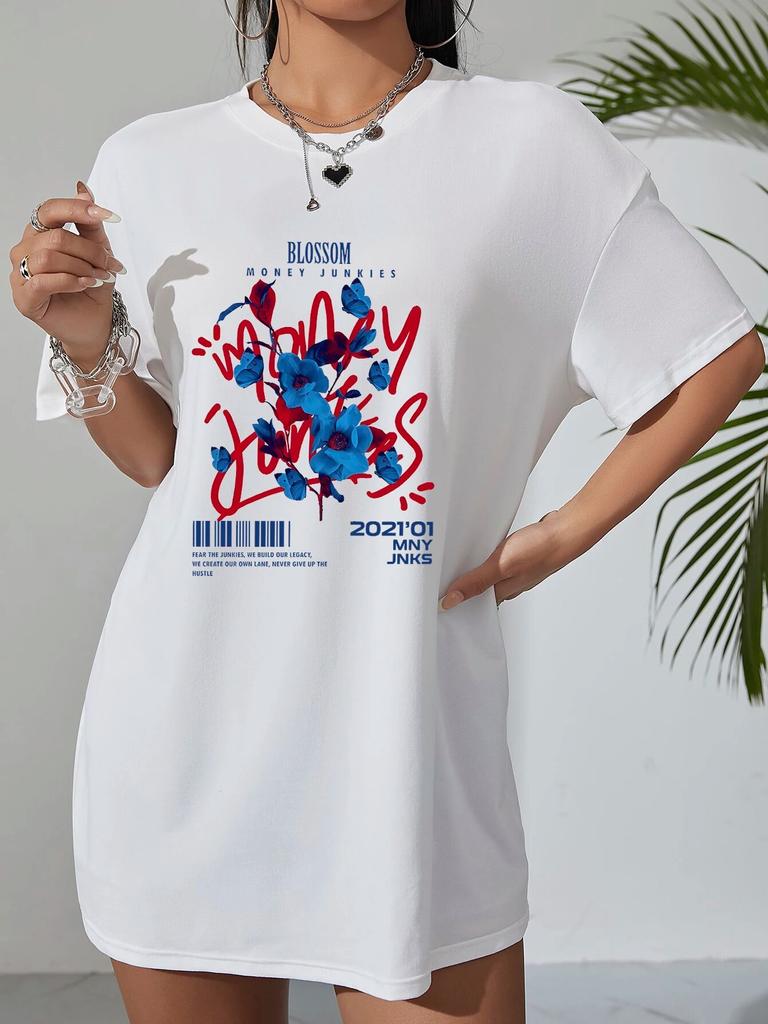 Harajuku Blue Blossom Unisexga Графические футболки для женщин Модные топы в стиле хип-хоп Y2k Летние повседневные хлопковые белые футболки с короткими рукавами