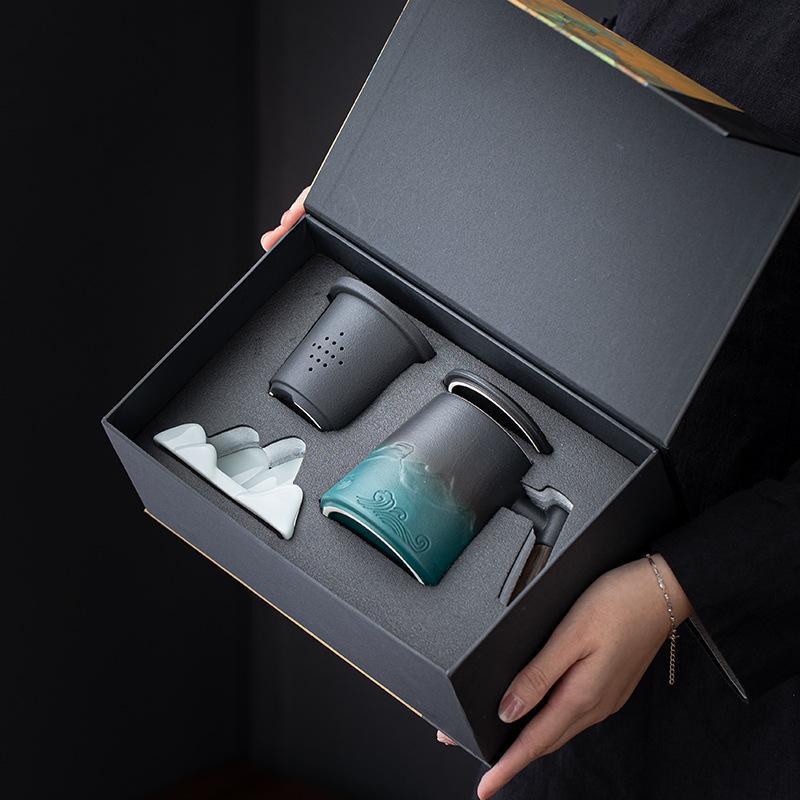 Coarse pottery gradual change office cup business set thousand miles of Jiangshan with Xiangdao mobile phone holder company corporate gift