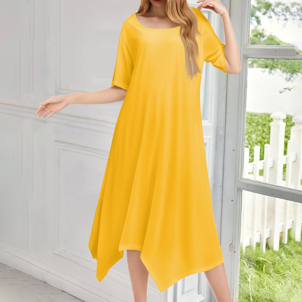 Женское повседневное модное платье миди с круглым вырезом и коротким рукавом, однотонное, с неровным подолом