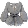 Blouse Shirt Women Fashion Bow V-neck Striped Elegant Ladies Tops Female Clothing