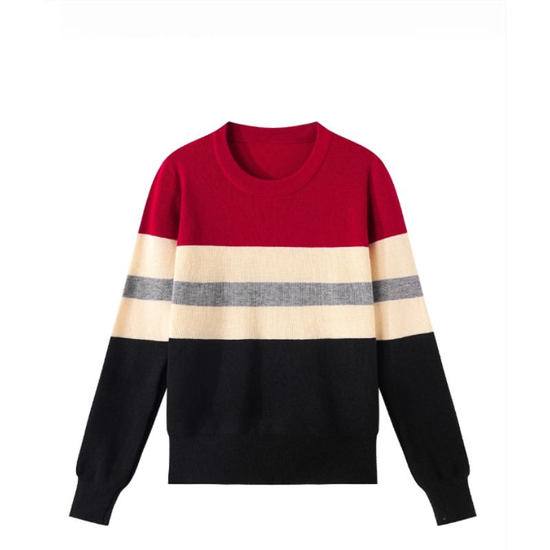 Fashionable and Casual Color-blocking Striped Long-sleeved Top Autumn New Style Design Round-neck Pullover Knitted Sweater for Women