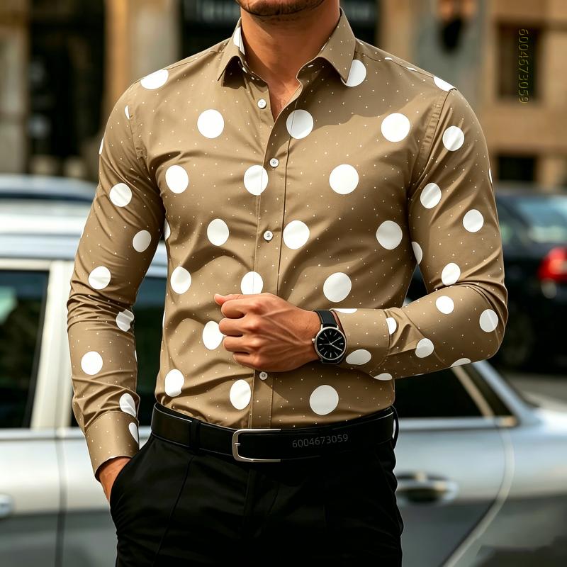 Мужская рубашка в горошек с длинным рукавом, приталенная, для стиля business casual, модный топ для активного отдыха