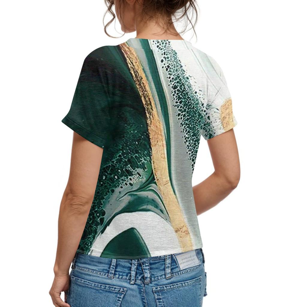 Женская модная футболка с короткими рукавами и V-образным вырезом, цветным принтом в стиле пэчворк, на пуговицах