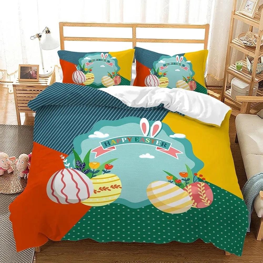 Easter Duvet Cover Set KingQueen Size Colorful Easter Eggs Nest Bunnies Theme Bedding Set Kids Boys Girls Polyester Quilt Cover