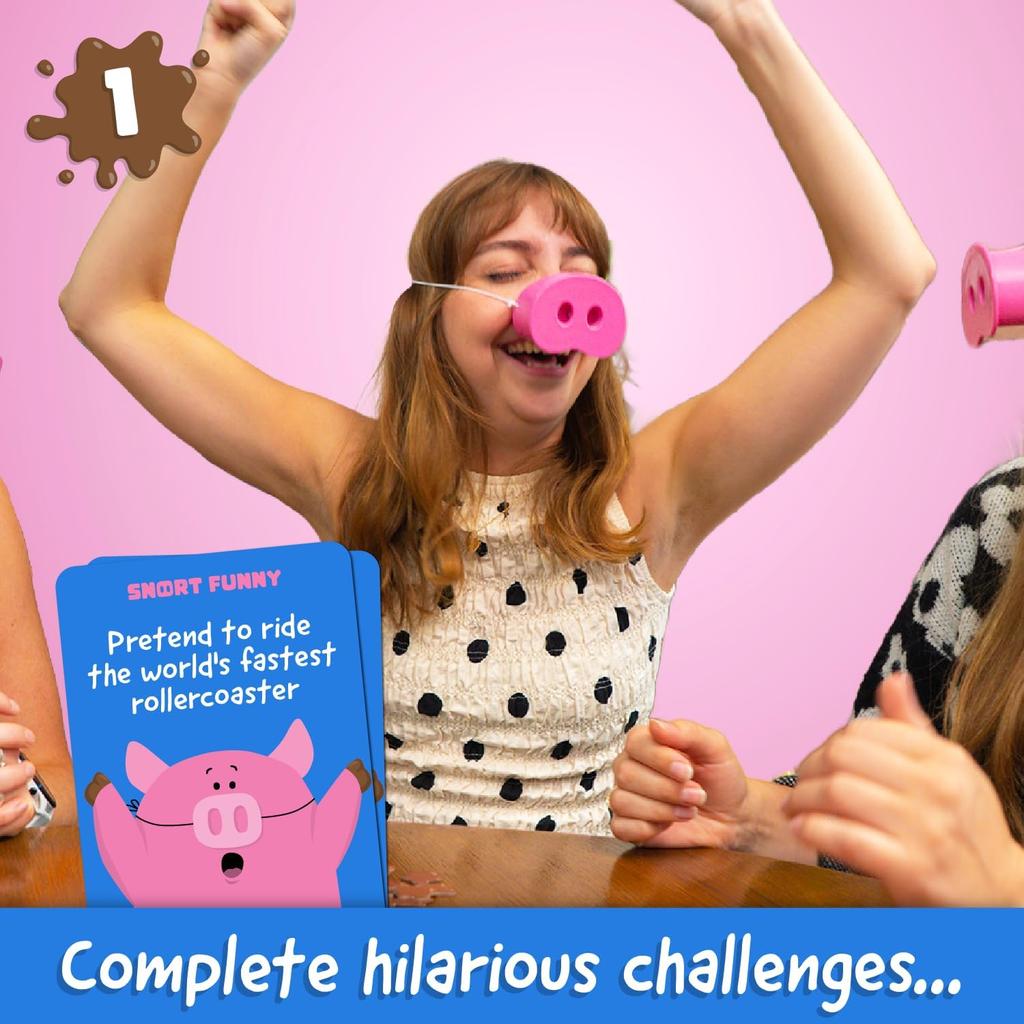 Хрюкни смешно The Oinkredible You Laugh You Lose Party Game Семейные игры для детей и взрослых 150 карт с заданиями 5 пятачков и жетоны с грязью, Смешные игры