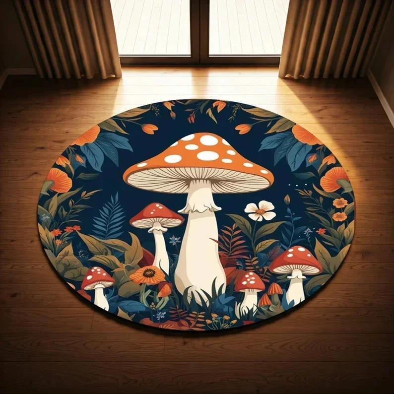 Mushroom Pattern Circle Carpet Utility Round Rug for Living Room Bedroom Deco Kitchen Under Table Floor Mat Non Slip Vintage Rug