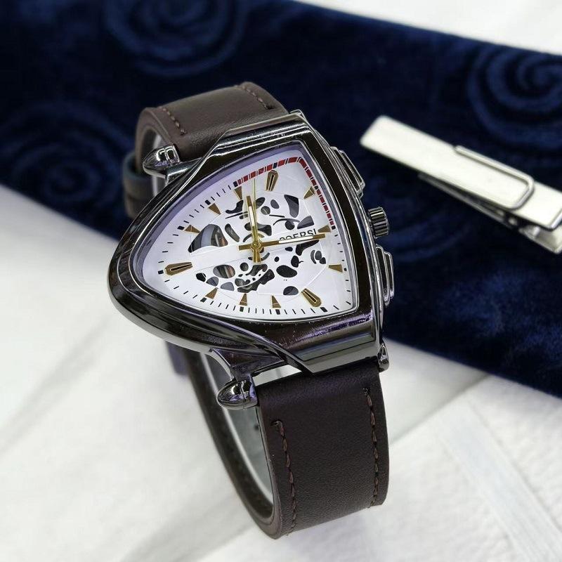 New Fashion Luxury Man Triangular Hollow Leather Fake Mechanical Watch Men Business Sports Stainless Steel Quartz Watches Gifts