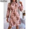 Women's Fashion Spring Fall Flower Pattern Print Long Sleeve V-Neck High Waist Casual Dresses
