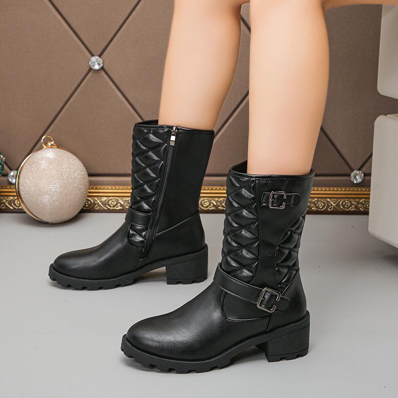 Женские ботинки Cross-Border 2024 осень/зима с круглым носком и средней высотой — нескользящая, теплая, универсальная модная обувь