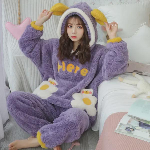 Женская фланелевая пижама с капюшоном и длинным ворсом - толстый, теплый флисовый костюм кораллового цвета для осени/зимы