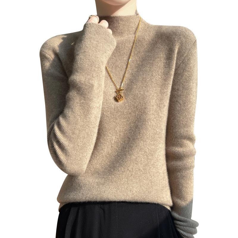Autumn and Winter Half Turtleneck Bottoming Shirt Women's Sweater with Long Sleeves Andy Velvet Slim Knitted New Tight Top Middle Collar