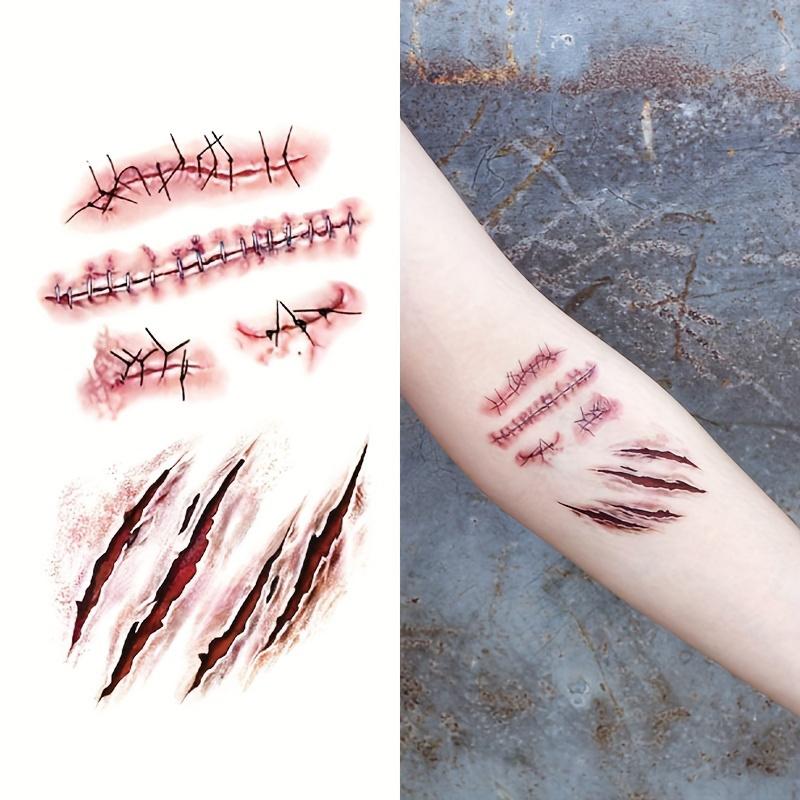 Halloween Tattoos Terror Wound Temporary Tattoos Waterproof Realistic Blood Tattoos Injury Scar Tattoo Stickers For Face Hands