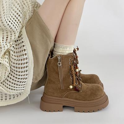 Модные корейские ботинки Мартин на высокой платформе с ремешком и бусинами, женские осенне-зимние, ретро, универсальные, в стиле локомотив, короткие ботинки, женская обувь