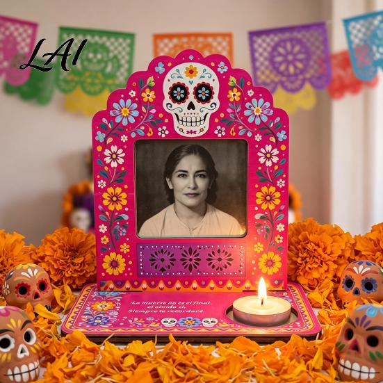 Photo Frames with Candle Holders Day of The Dead Frame Integrated Holder Decorative Mexican Cat Theme Holiday Ornaments Sugar Skull Picture