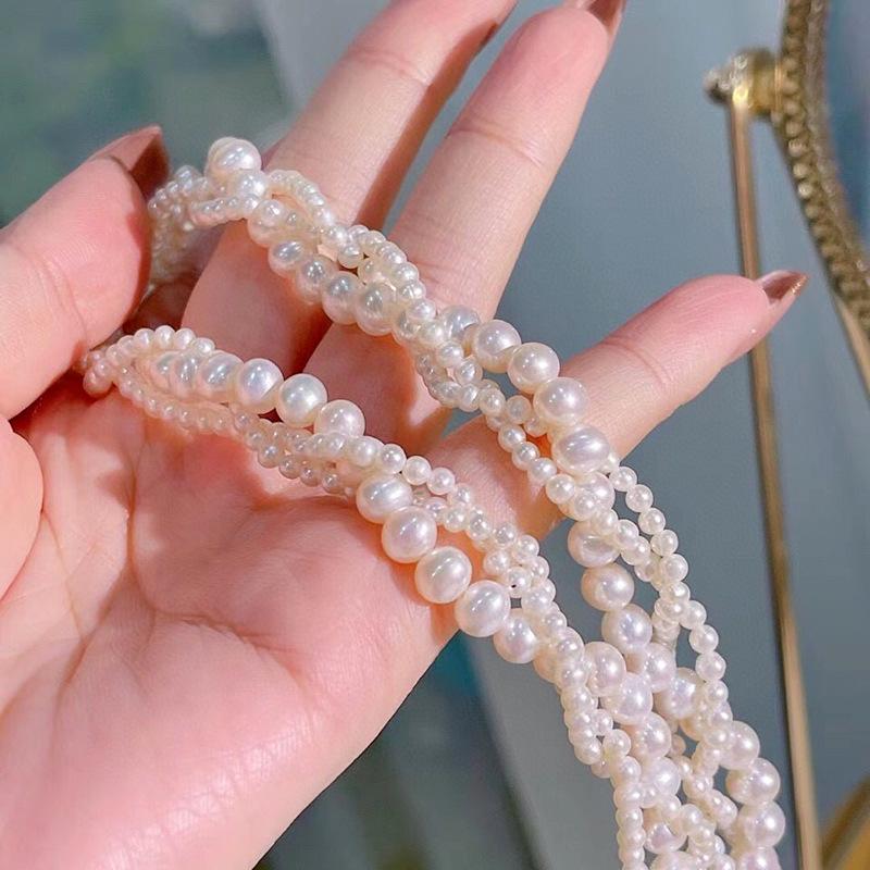 Natural freshwater pearl neck chain, three-layer choker necklace, female collarbone chain 11k gold injection, retro high-end light luxury