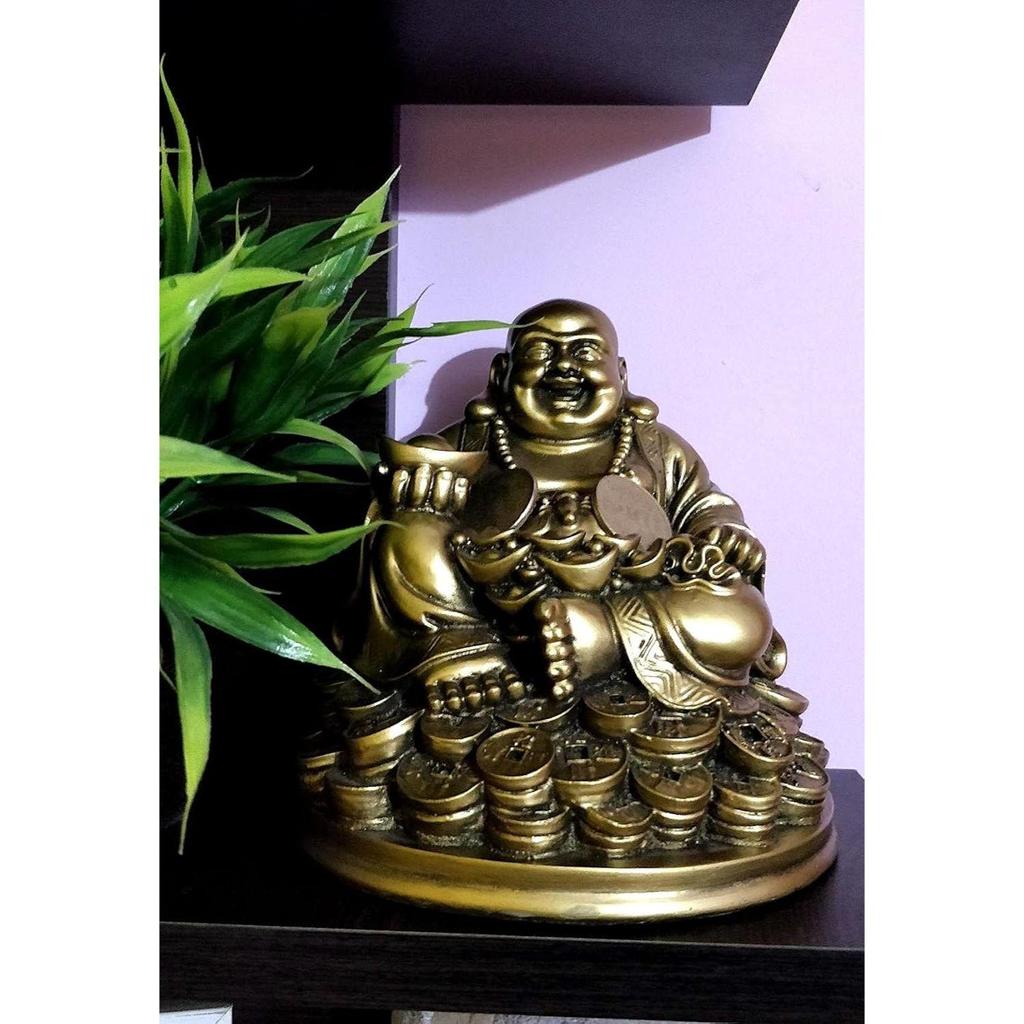 Resin Fengshui Figurine Laughing Buddha Sitting On Luck Money Coins Carrying Golden Ingot for Good Luck & Happiness
