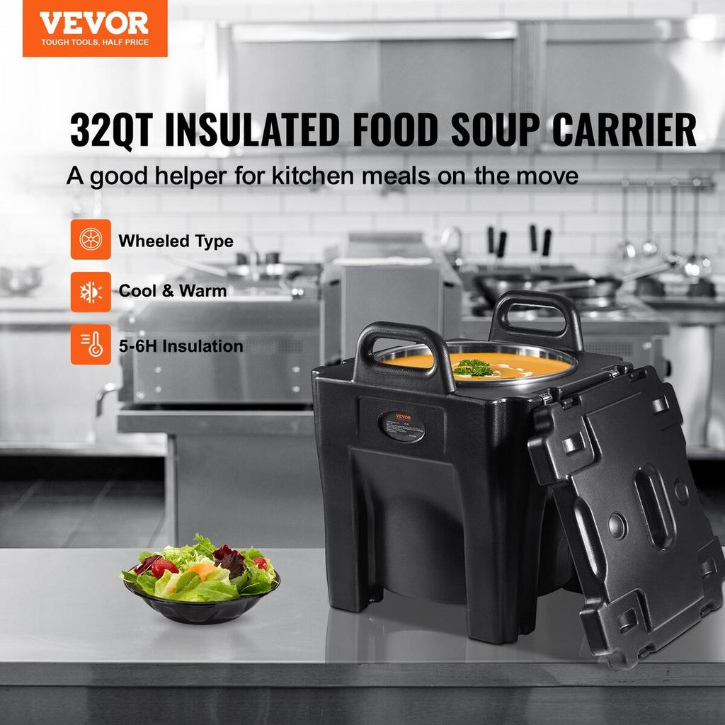 Insulated Food Carrier, 32Qt Capacity, Stackable Catering Hot Box with Stainless Steel Barrel, Top Load LLDPE Food Warmer with Integral Handles