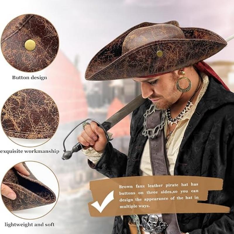 Faux Leather Pirate Hat Vintage Wrinkle Distressed Tricorn Pirate Hat For Women Men Halloween Costume Cosplay Accessories
