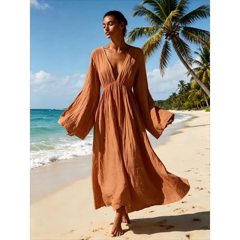 2026 Fall Winter Womens Loose V-Neck Long Sleeve Maxi Dress Vacation Style Solid Color Flowy Swing