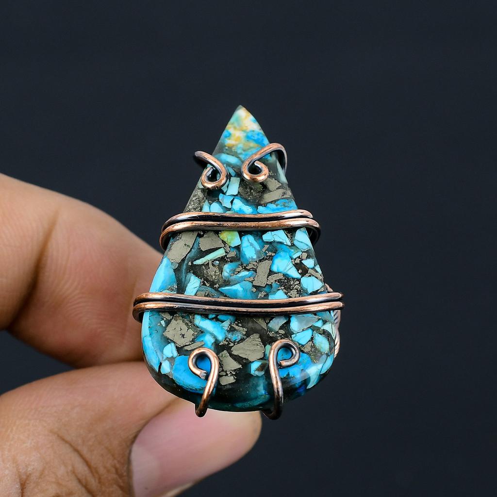 Кольцо ручной работы из медной проволоки с натуральным медным бирюзовым камнем, размер 7 j0d92