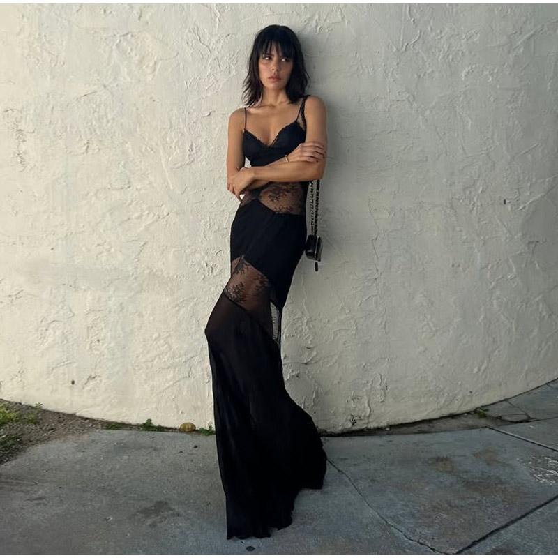 Кружевное прозрачное платье макси на бретелях, женское сексуальное облегающее черное платье без рукавов с открытой спиной, длинное женское платье 2025 года для летней вечеринки