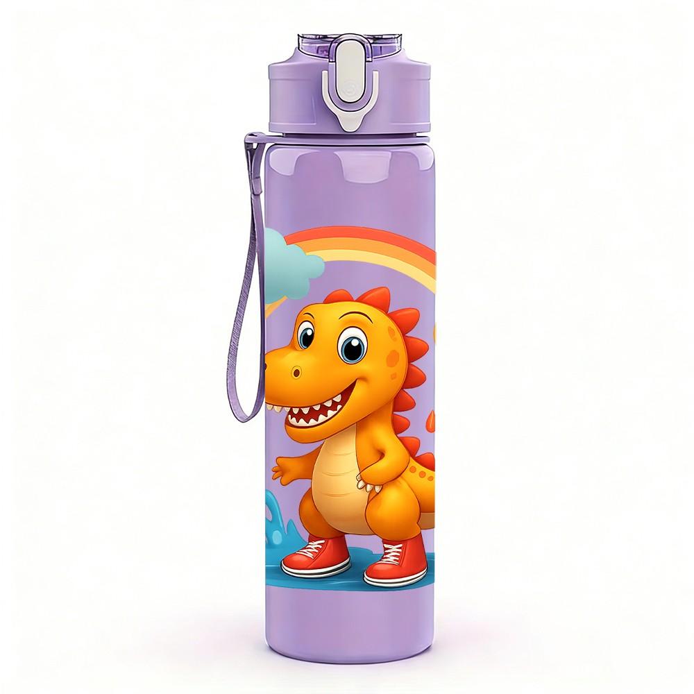 1PC Cute Rainbow Dinosaur Cartoon 750ml Color Plastic Sports Water Bottle Leakproof Flip Straw Lid Suitable for Sports Office Home Use