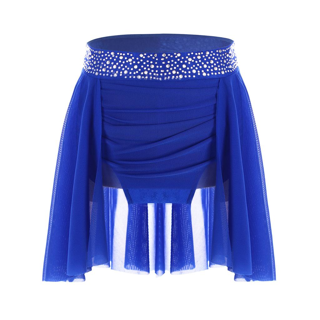 Girls Ruched Irregular Dance Skirt Sparkly Rhinestones Elastic Waistband Built-in Briefs Skirt