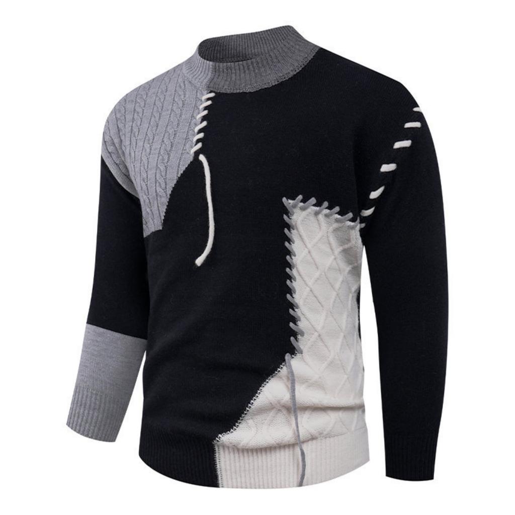 Men's Casual Color-blocked Sweater, Warm And Fashionable Pullover, Paired With A Round-neck Knitted Sweater Inside