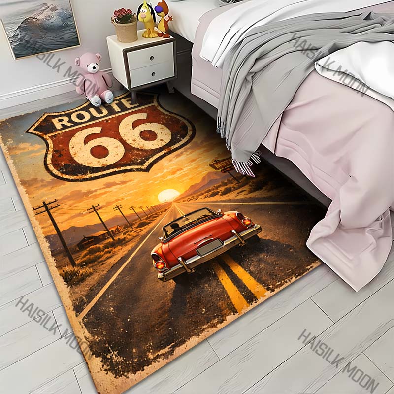 Старинный знак Route 66 закат кабриолет Ковер с принтом для гостиной спальни дивана домашнего декора Рус Нескользящий коврик для пола Роскошный подарок