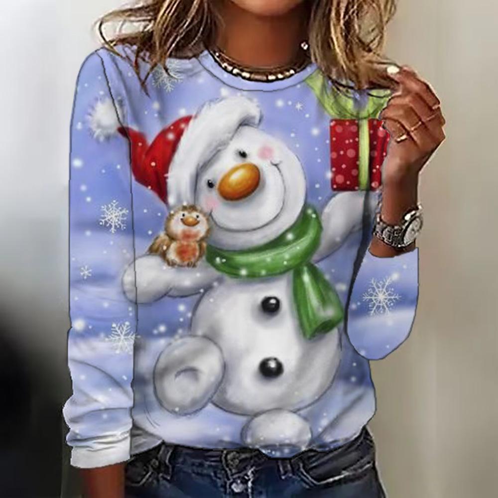 Летний топ с круглым вырезом и 3D рождественским принтом, модные и повседневные женские футболки с длинными рукавами