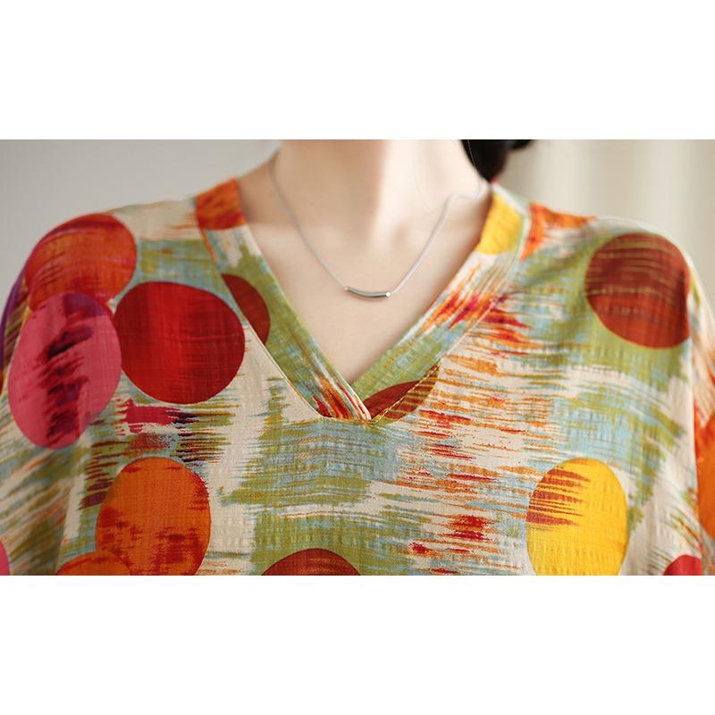 Dimanaf 2025 Женское платье больших размеров Весна-лето Базовое длинное платье в горошек Винтажное свободное V-образное вырезное длинное рукав